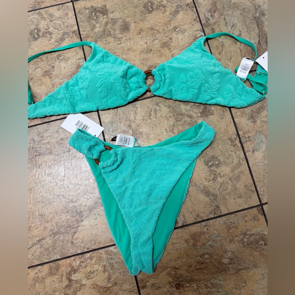 Terry High Waisted Aqua Bikini Set with Ring Detail
